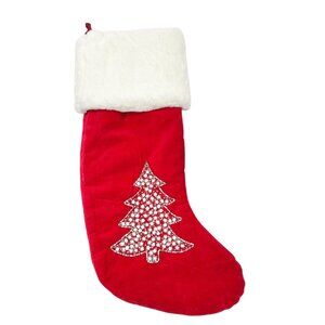 Max Studio Home Red Velvet Christmas Stocking Faux Fur Cuff Beaded Tree Design